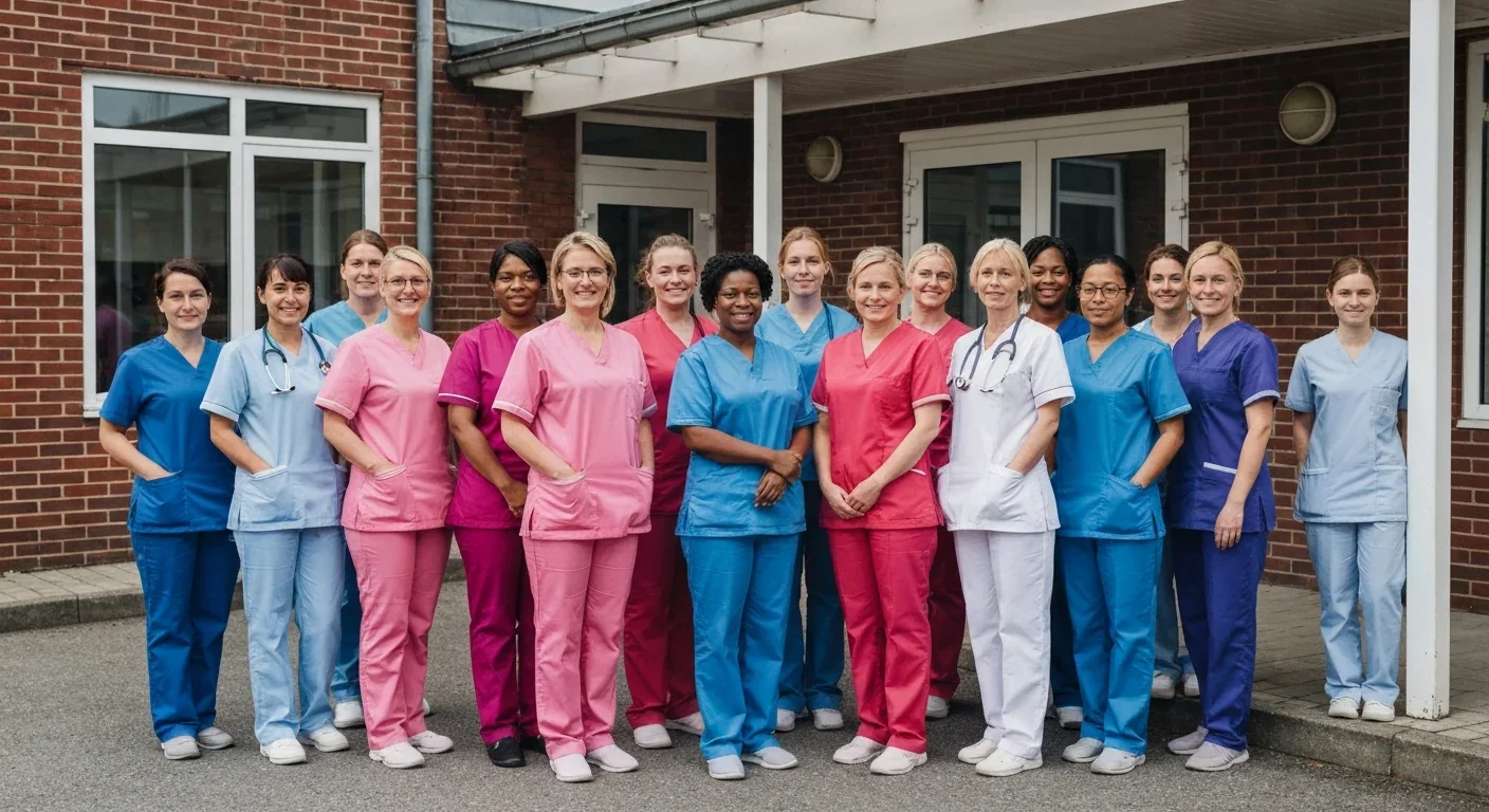 Diverse group of female care workers in scrubs standing outside a nursing facility