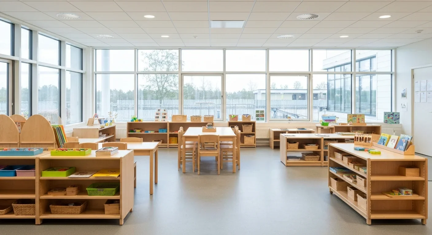 Bright modern Scandinavian-style public childcare facility with educational materials