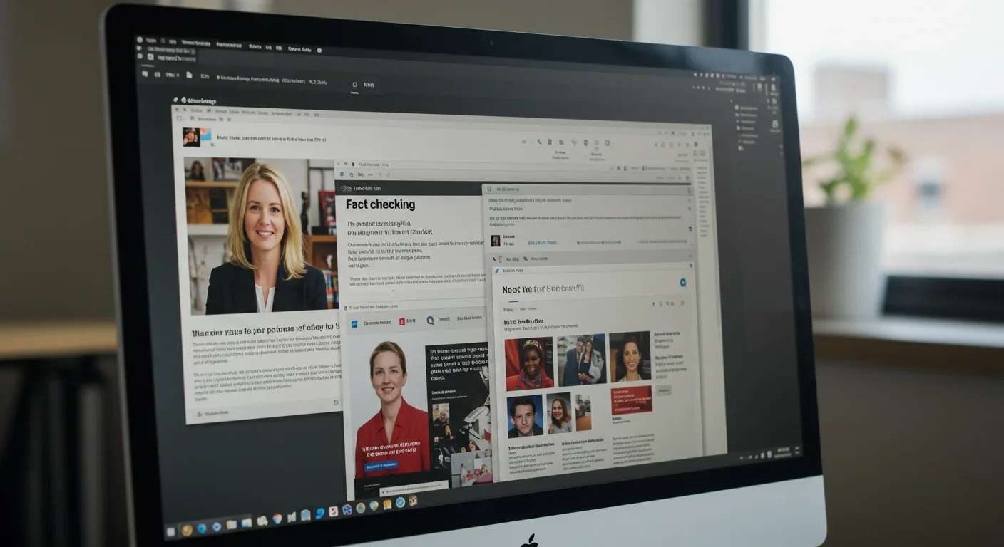 Computer screen showing multiple browser tabs open for fact-checking and cross-referencing news sources