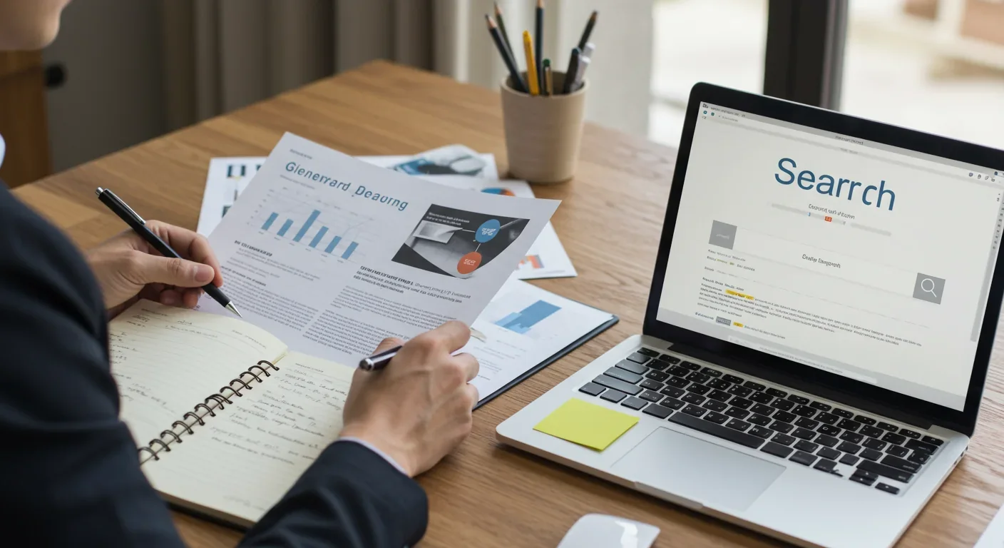 Person engaged in careful research and verification of news articles at desk with printed materials and laptop