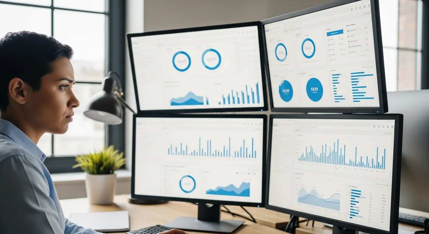 Office worker viewing productivity monitoring dashboards on computer screens