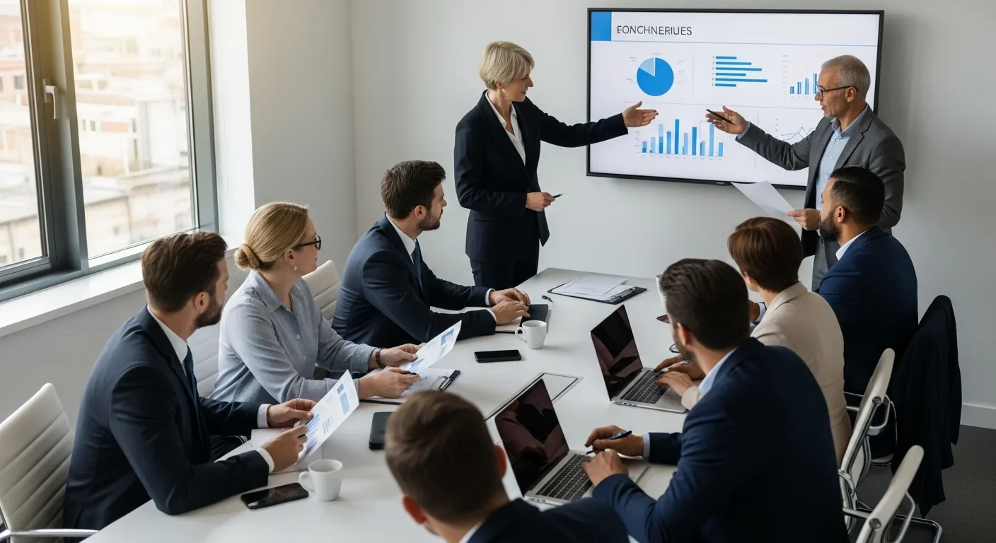 Business professionals discussing workplace policies in a conference room