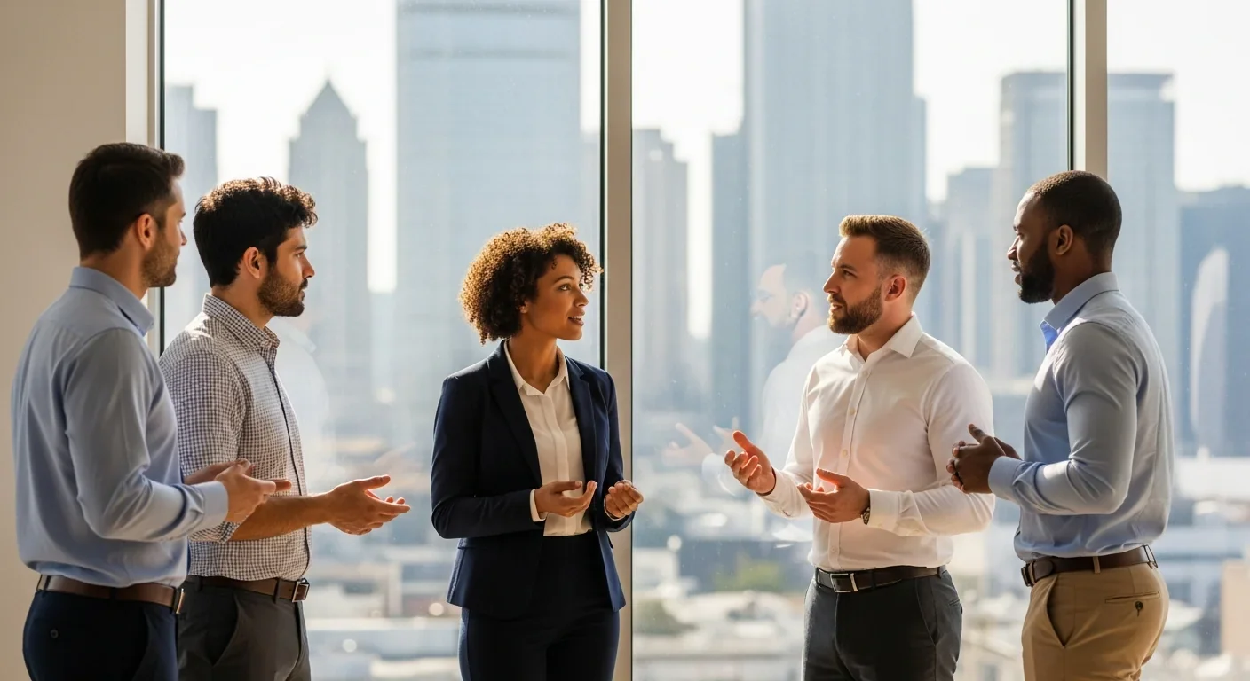 Diverse group of workers collaborating in modern office space
