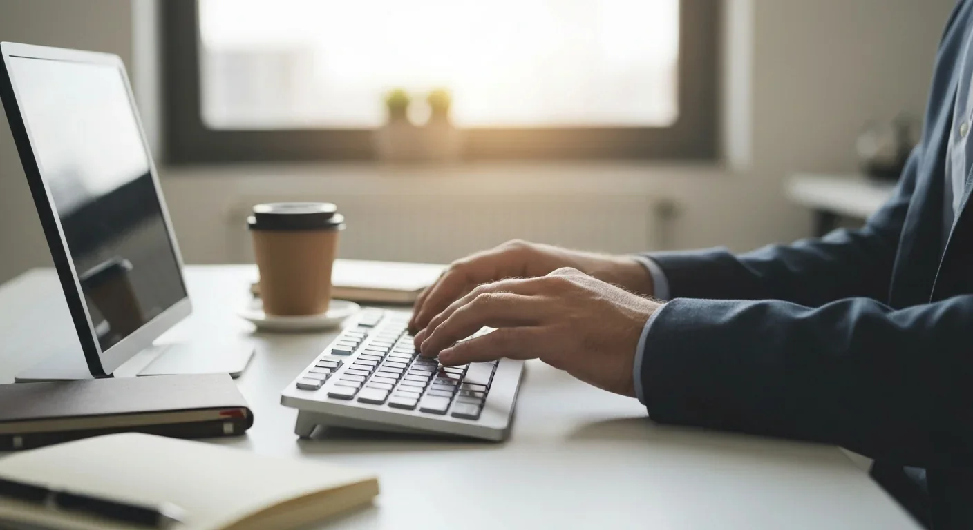 Close-up of hands typing on keyboard in professional office environment