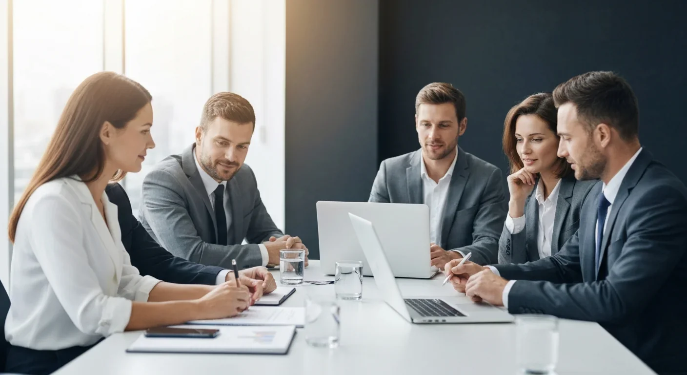 Group of professionals collaborating in modern conference room setting