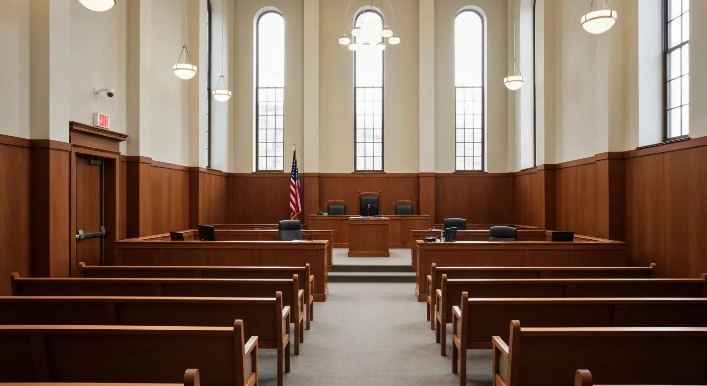 Interior view of modern American courtroom with formal legal architecture