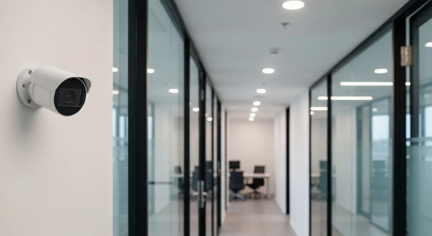 Security surveillance camera mounted in modern corporate office hallway