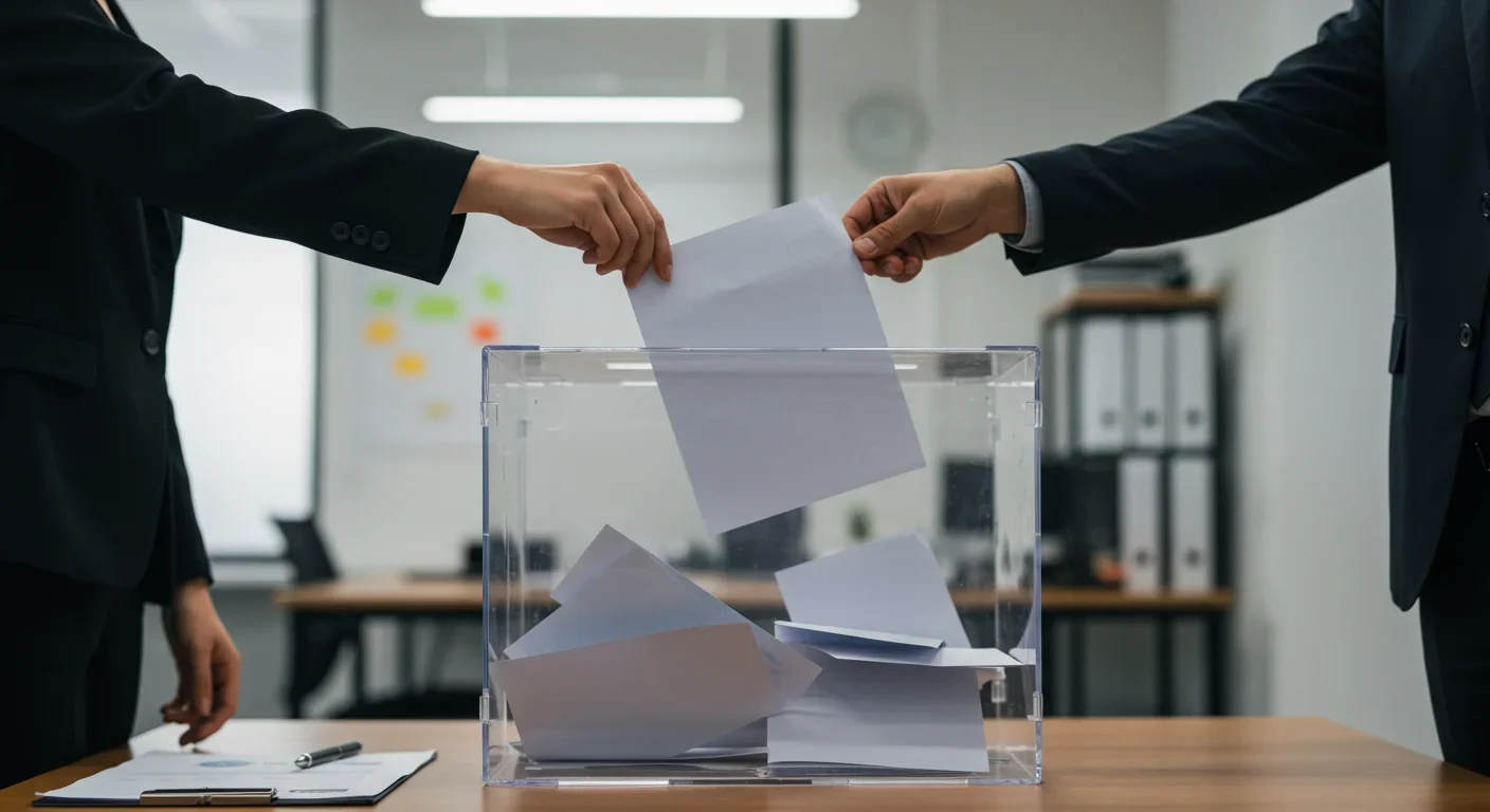 Employees casting votes in workplace election for board representative