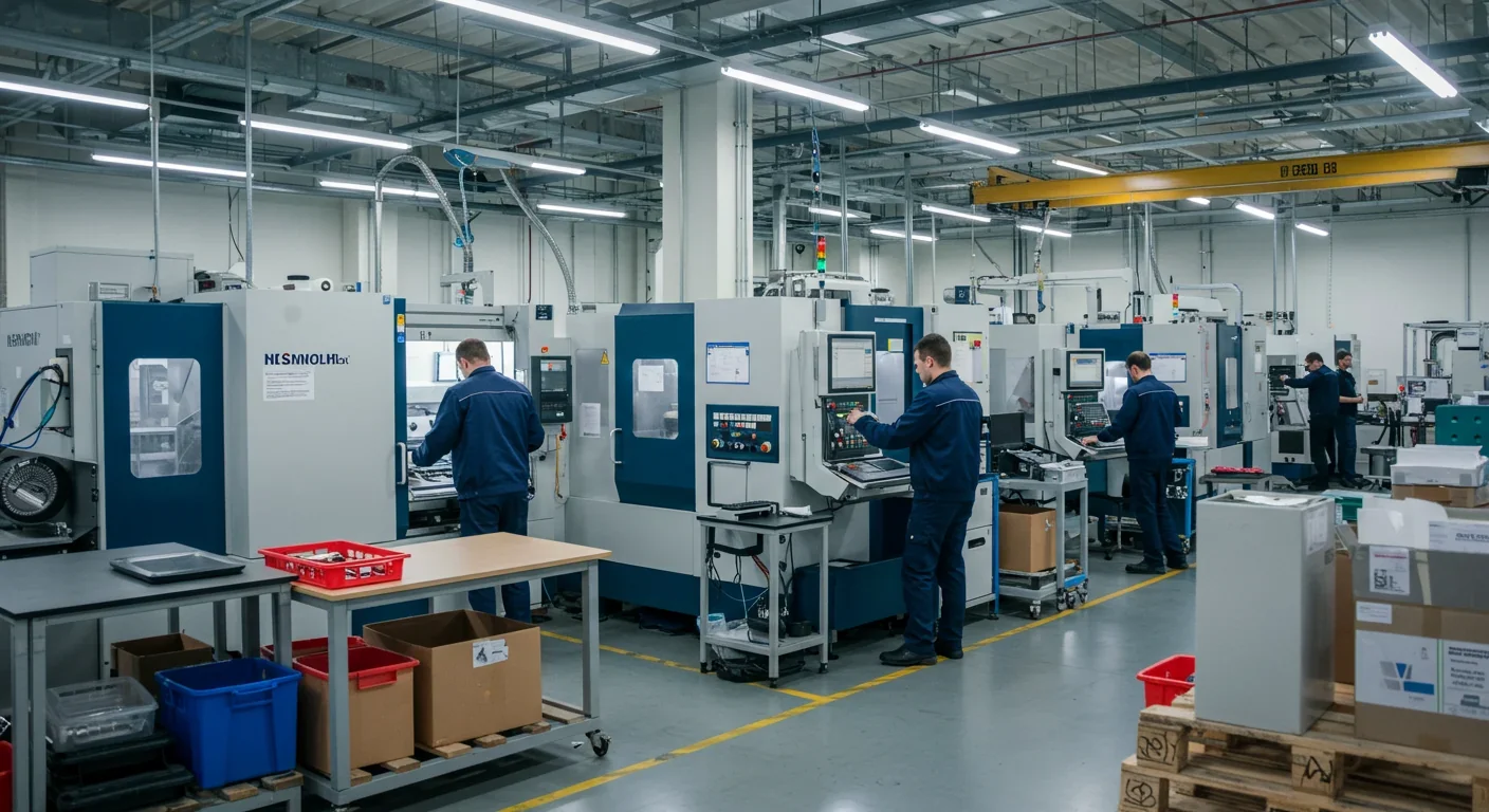 Factory workers operating advanced manufacturing equipment in modern facility