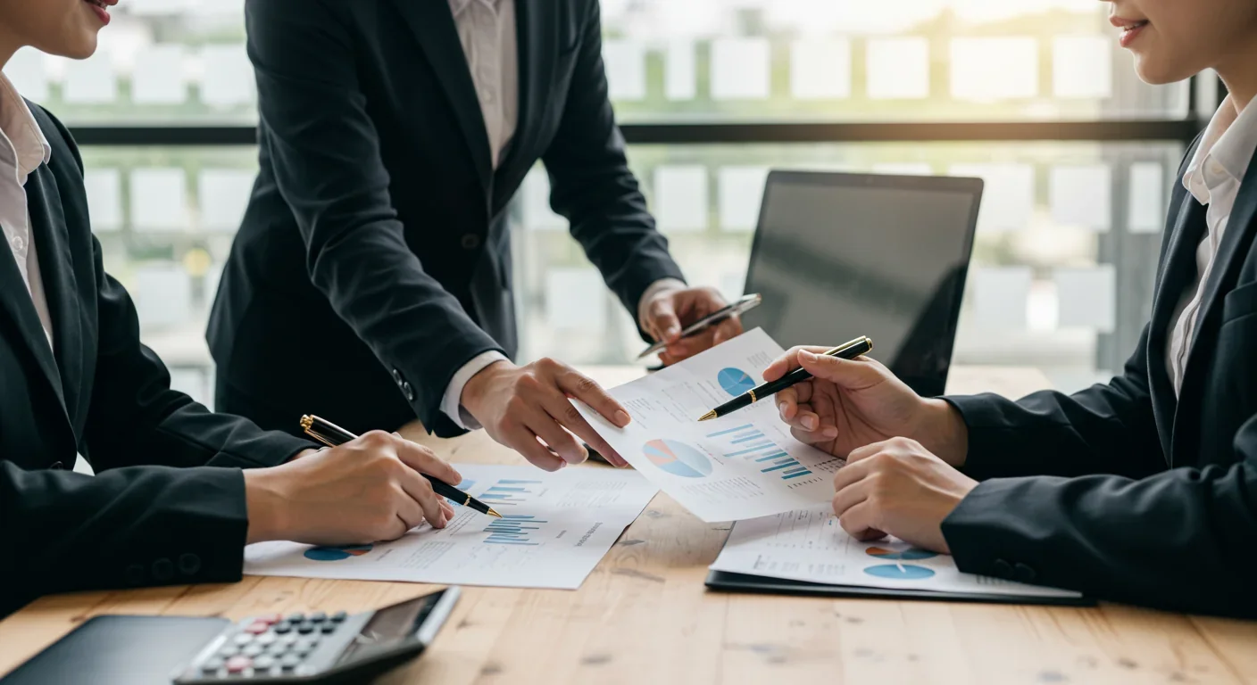 Business team collaboratively reviewing financial reports and strategic documents