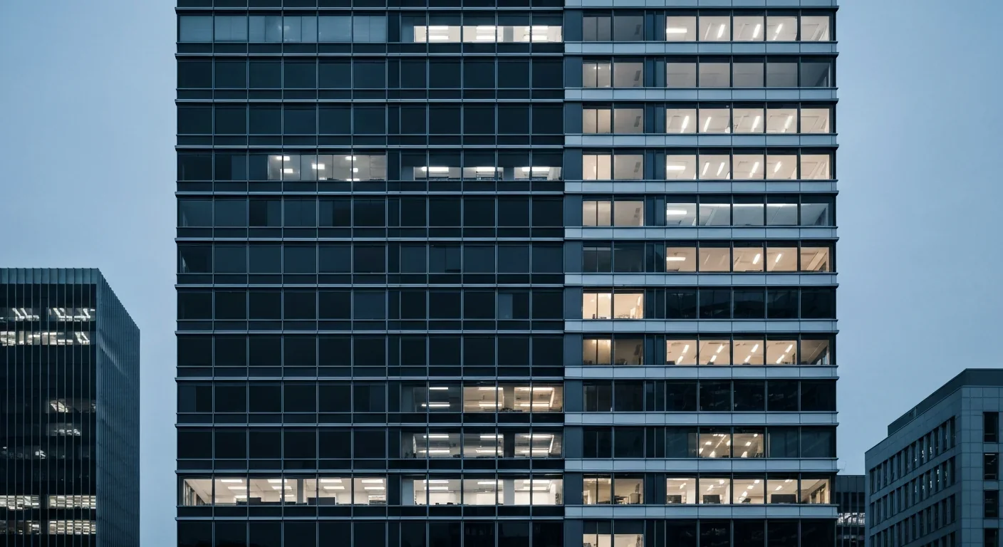 Corporate office building with half-lit windows representing zombie companies barely surviving