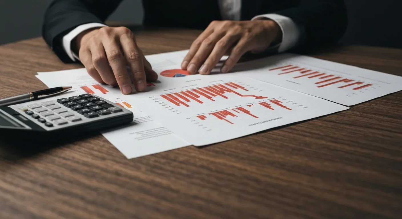 Business professional analyzing declining financial charts representing zombie company metrics