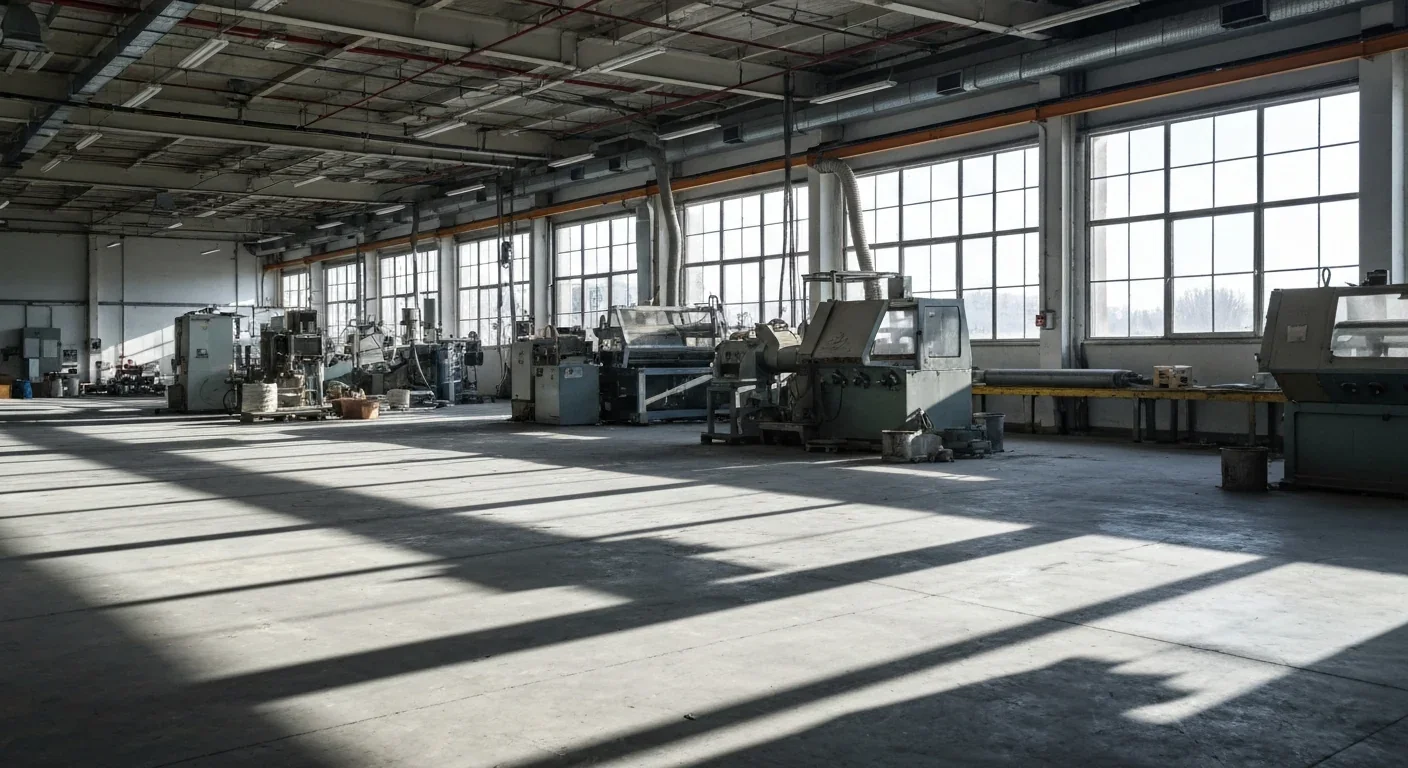Empty factory with idle machinery representing productivity lost to zombie companies