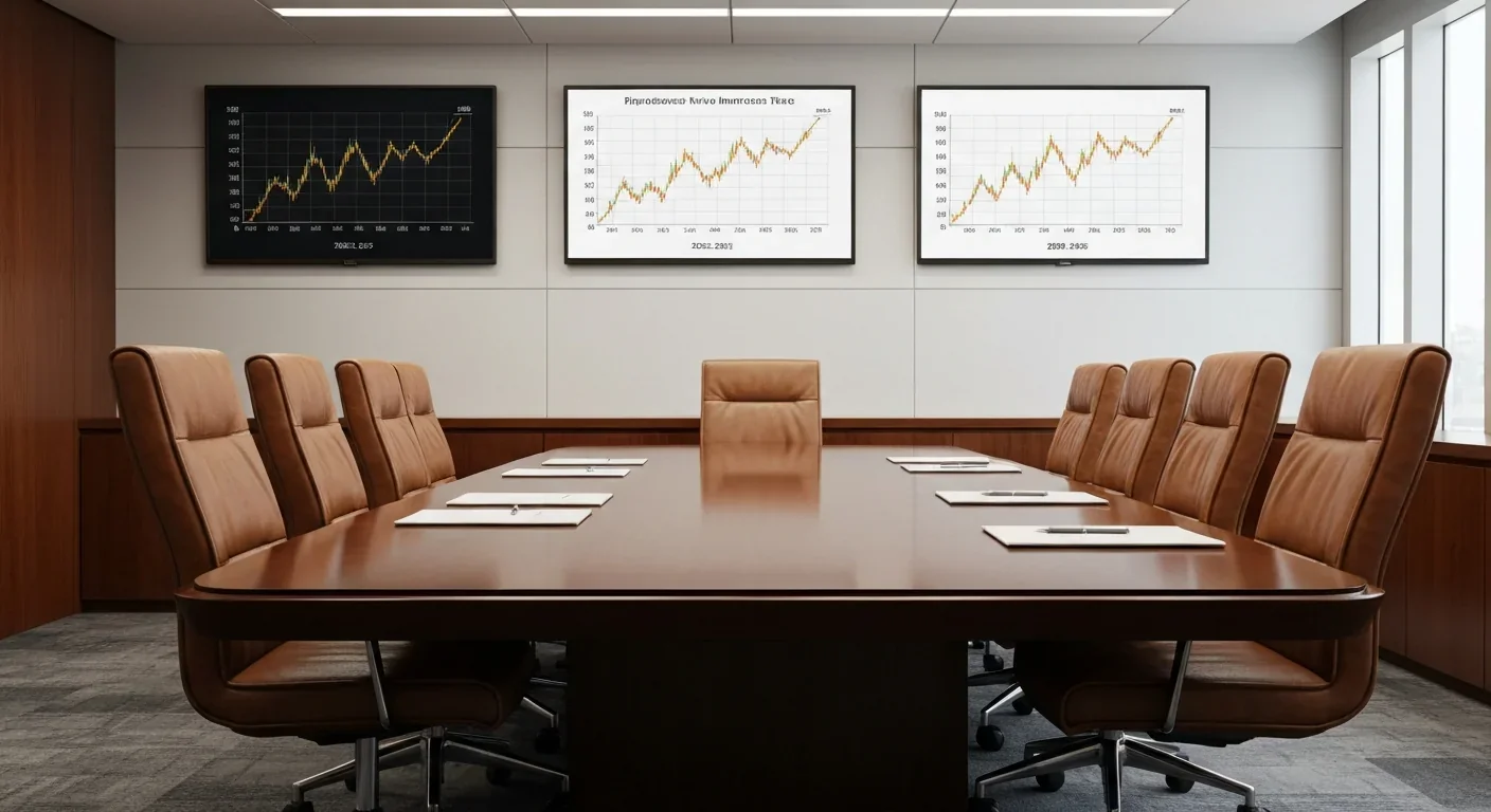 Empty boardroom with monitors displaying rising interest rate charts
