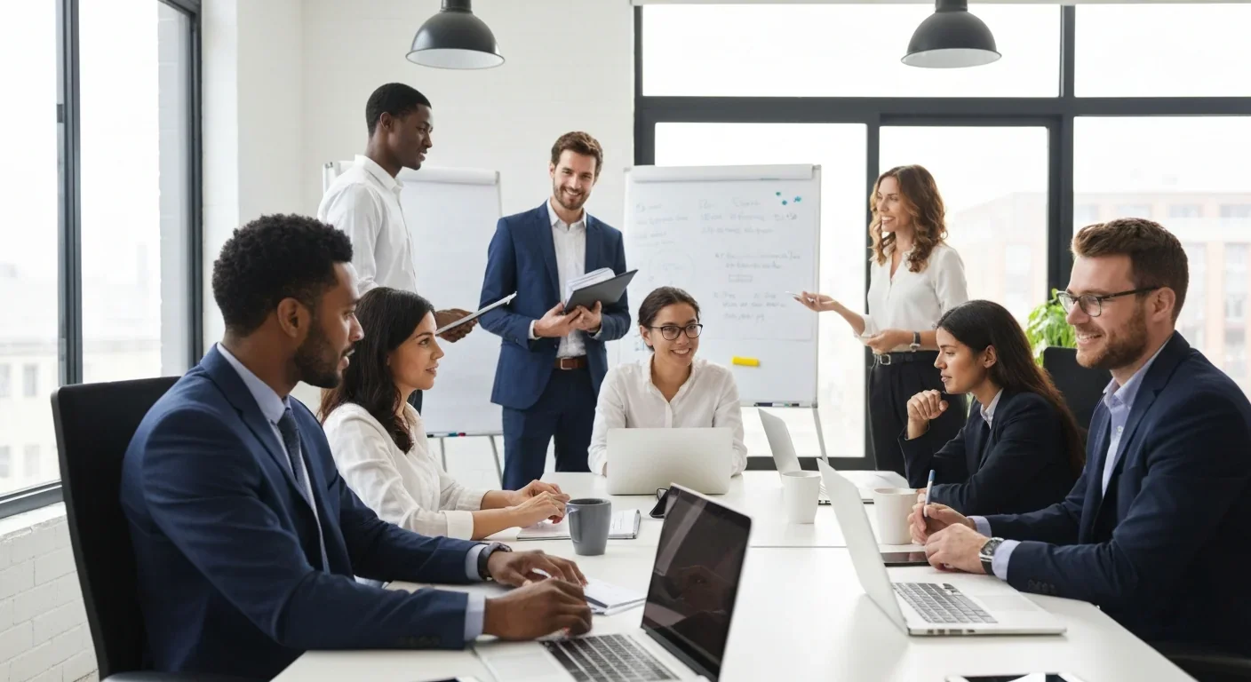 Dynamic business team collaborating in modern workspace representing productive companies